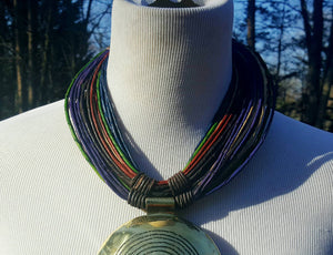 Genuine leather with Bronze pendant Multi-strand Statement necklace - multicolor