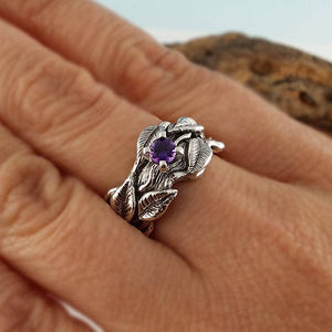 Sterling Silver Faceted Polished Gemstone Leaf and Twig Wedding Band, Tree Branch Ring, Leaf Ring, Twig Ring, Twig Band by Dawn Vertrees