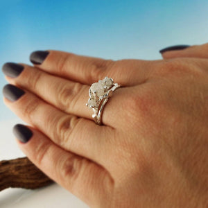 Raw Three Diamond Gold Twig Engagement Ring, 3 Diamond Ring, NO BAND Custom Made-to-Order, Hand Sculpted wedding ring, engagement ring