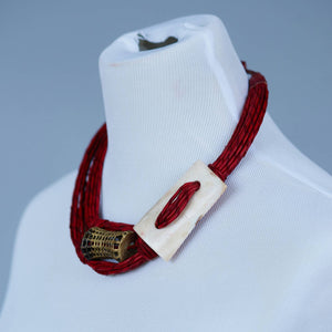 Genuine leather Multi-strand Statement necklace with Horn, bone and stone _ multi