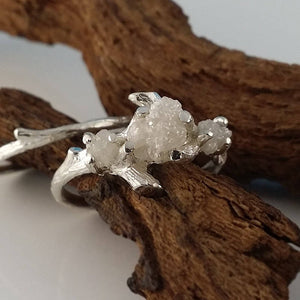 Raw Three Diamond Gold Twig Engagement Ring, 3 Diamond Ring, NO BAND Custom Made-to-Order, Hand Sculpted wedding ring, engagement ring