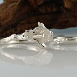 Raw Three Diamond Gold Twig Engagement Ring, 3 Diamond Ring, NO BAND Custom Made-to-Order, Hand Sculpted wedding ring, engagement ring
