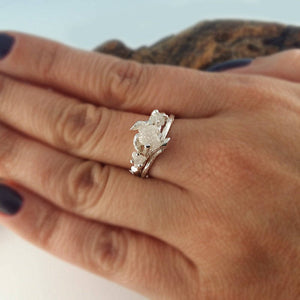 Raw Three Diamond Gold Twig Engagement Ring, 3 Diamond Ring, NO BAND Custom Made-to-Order, Hand Sculpted wedding ring, engagement ring
