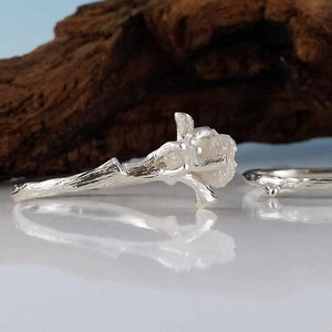 Raw Three Diamond Gold Twig Engagement Ring, 3 Diamond Ring, NO BAND Custom Made-to-Order, Hand Sculpted wedding ring, engagement ring