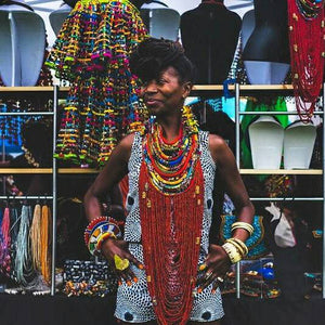 Dufie statement Ghana local trade beads with Ankara Multistrand  Necklace