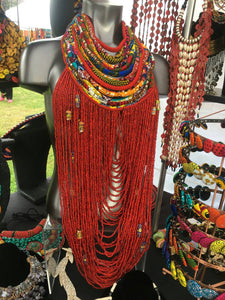 Dufie statement Ghana local trade beads with Ankara Multistrand  Necklace