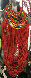Dufie statement Ghana local trade beads with Ankara Multistrand  Necklace