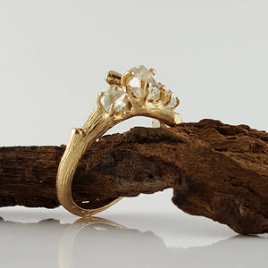 Raw Diamond Twig Engagement Ring, Premium Three Stone Custom Made-to-Order, Gold, Hand Sculpted by Dawn Vertrees