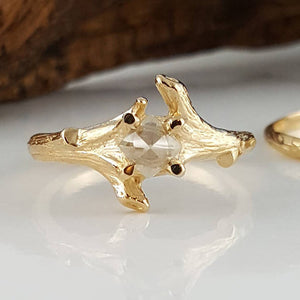 Raw Diamond Twig Engagement Ring, Wedding Set, 14k Gold  by Dawn Vertrees