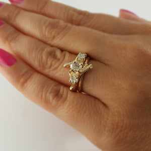 Raw Diamond Twig Engagement Ring, Premium Three Stone Wedding Set, 14k or 18k Gold, Hand Sculpted by Dawn Vertrees