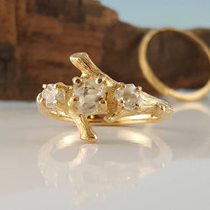 Raw Diamond Twig Engagement Ring, Premium Three Stone Wedding Set, 14k or 18k Gold, Hand Sculpted by Dawn Vertrees
