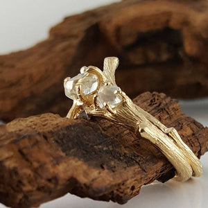 Raw Diamond Twig Engagement Ring, Premium Three Stone Wedding Set, 14k or 18k Gold, Hand Sculpted by Dawn Vertrees