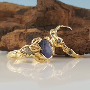 Blue Ceylon Sapphire Leaf and Twig Bridal Set in 18k Yellow Gold,  Wedding Set, 3 Stone Engagement Ring Hand sculpted by Dawn Vertrees