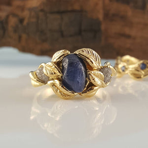 Blue Ceylon Sapphire Leaf and Twig Bridal Set in 18k Yellow Gold,  Wedding Set, 3 Stone Engagement Ring Hand sculpted by Dawn Vertrees