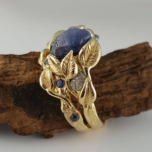Blue Ceylon Sapphire Leaf and Twig Bridal Set in 18k Yellow Gold,  Wedding Set, 3 Stone Engagement Ring Hand sculpted by Dawn Vertrees