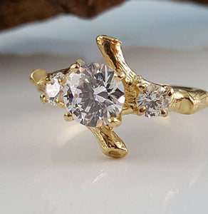 Three Round Moissanite Diamond Engagement Ring set, Hand Made Branch Style Wedding Ring Set in Gold, bridal band set by Dawn Vertrees