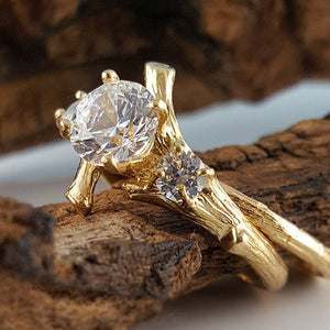 Three Round Moissanite Diamond Engagement Ring set, Hand Made Branch Style Wedding Ring Set in Gold, bridal band set by Dawn Vertrees
