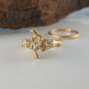 Raw Diamond Twig Engagement Ring, Premium Three Stone Wedding Set, 14k or 18k Gold, Hand Sculpted by Dawn Vertrees