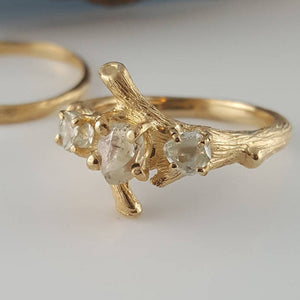 Raw Diamond Twig Engagement Ring, Premium Three Stone Wedding Set, 14k or 18k Gold, Hand Sculpted by Dawn Vertrees