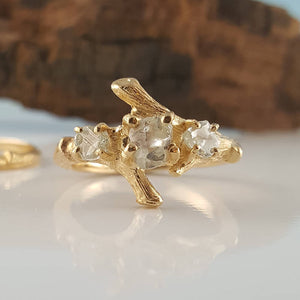 Raw Diamond Twig Engagement Ring, Premium Three Stone Wedding Set, 14k or 18k Gold, Hand Sculpted by Dawn Vertrees