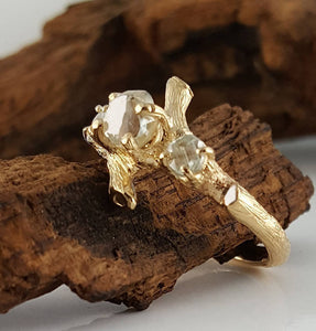 Raw Diamond Twig Engagement Ring, Premium Three Stone Custom Made-to-Order, Gold, Hand Sculpted by Dawn Vertrees