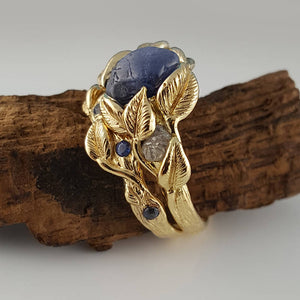 Blue Ceylon Sapphire Leaf and Twig Bridal Set in 18k Yellow Gold,  Wedding Set, 3 Stone Engagement Ring Hand sculpted by Dawn Vertrees