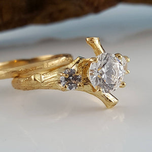 Three Round Moissanite Diamond Engagement Ring set, Hand Made Branch Style Wedding Ring Set in Gold, bridal band set by Dawn Vertrees