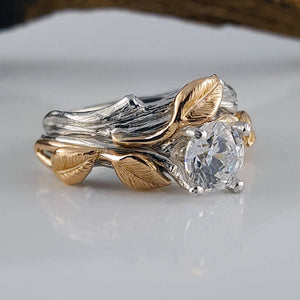 1ct Two Tone Gold Moissanite Engagement Ring set, Wedding Ring Set, Bridal Ring Set, Promise Ring Sculpted by Dawn Vertrees