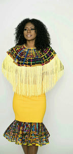 Ohemaa Ankara Print laced bib with  Yellow FRINGE Long and Laced Skirt