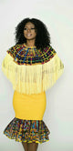 Ohemaa Ankara Print laced bib with  Yellow FRINGE Long and Laced Skirt