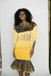 Ohemaa Ankara Print laced bib with  Yellow FRINGE Long and Laced Skirt