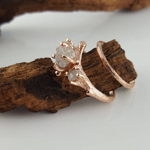 Raw Three Diamond Twig Engagement Ring, Raw Uncut White Diamond Branch Bridal Set, Custom Made-to-Order, Hand Sculpted Gold Wedding ring