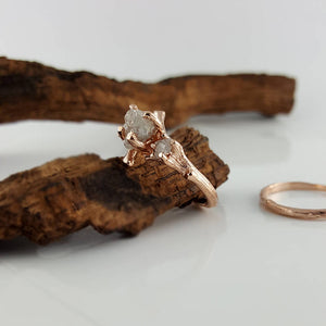 Raw Three Diamond Twig Engagement Ring, Raw Uncut White Diamond Branch Bridal Set, Custom Made-to-Order, Hand Sculpted Gold Wedding ring