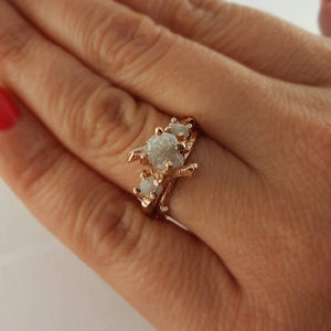 Raw Three Diamond Twig Engagement Ring, Raw Uncut White Diamond Branch Bridal Set, Custom Made-to-Order, Hand Sculpted Gold Wedding ring
