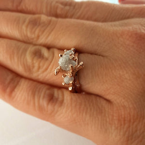 Raw Three Diamond Twig Engagement Ring, Raw Uncut White Diamond Branch Bridal Set, Custom Made-to-Order, Hand Sculpted Gold Wedding ring