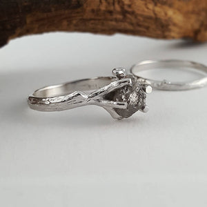 Raw Uncut Rough Twig Diamond Solitaire Engagement Ring in Gold, Wedding Ring, Bridal Set Hand Sculpted by Dawn Vertrees