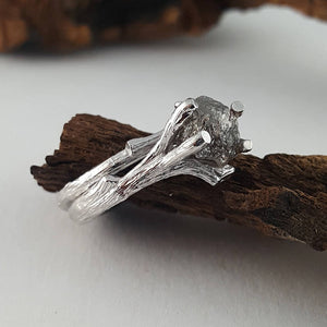 Raw Uncut Rough Twig Diamond Solitaire Engagement Ring in Gold, Wedding Ring, Bridal Set Hand Sculpted by Dawn Vertrees