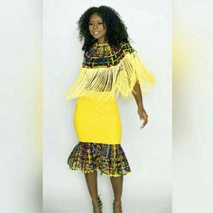 Ohemaa Ankara Print laced bib with  Yellow FRINGE Long and Laced Skirt