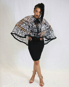 Ohemaa Ankara Print laced Cape highlow - black and white