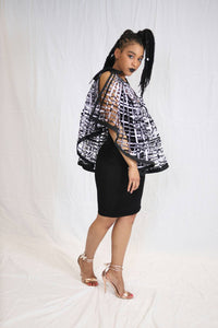 Ohemaa Ankara Print laced Cape highlow - black and white