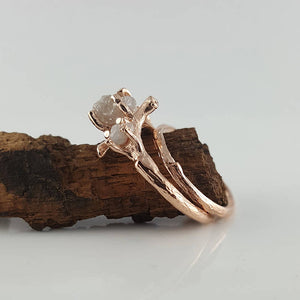 Raw Three Diamond Twig Engagement Ring, Raw Uncut White Diamond Branch Bridal Set, Custom Made-to-Order, Hand Sculpted Gold Wedding ring