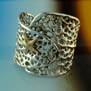 Sea Life Sea Fan Coral Cuff Bracelet, Gold Starfish Handmade Cuff, Sterling Silver Cuff, Starfish and Coral Cuff, Silver and Gold Cuff