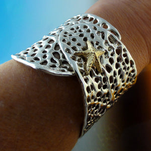 Sea Life Sea Fan Coral Cuff Bracelet, Gold Starfish Handmade Cuff, Sterling Silver Cuff, Starfish and Coral Cuff, Silver and Gold Cuff