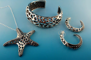 Fusion Sea Fan Coral and Starfish Curved Cuff, Sea Life Jewelry, Ocean Inspired Jewelry