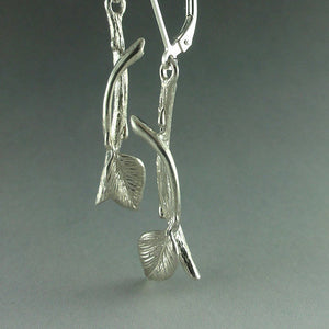 Leaf and Twig Earrings, Sterling Silver Leaf and Twig Dangling Earrings, Tree Branch Earrings, Leaf Earrings, Twig Earrings