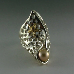 Sterling Silver Sea Fan Coral Ring with 14k Yellow Gold Starfish and Natural Fresh Water Pearl, Ocean Jewelry, Beach Statement Ring