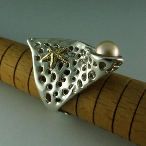 Sterling Silver Sea Fan Coral Ring with 14k Yellow Gold Starfish and Natural Fresh Water Pearl, Ocean Jewelry, Beach Statement Ring