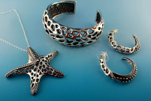 Starfish Tentacle Hoop Earrings with Sea Fan in Sterling Silver, Post Hoop Earrings, Custom Handmade Jewelry, Ocean Inspired Jewelry