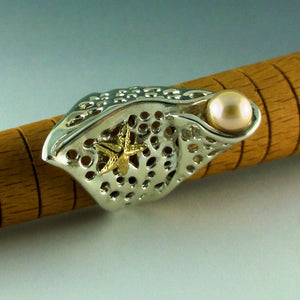 Sterling Silver Sea Fan Coral Ring with 14k Yellow Gold Starfish and Natural Fresh Water Pearl, Ocean Jewelry, Beach Statement Ring