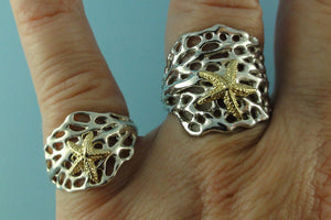 Fan Coral Ring with a cute 14k Gold Starfish, Beach Jewelry, Ocean Jewelry, Wedding Band